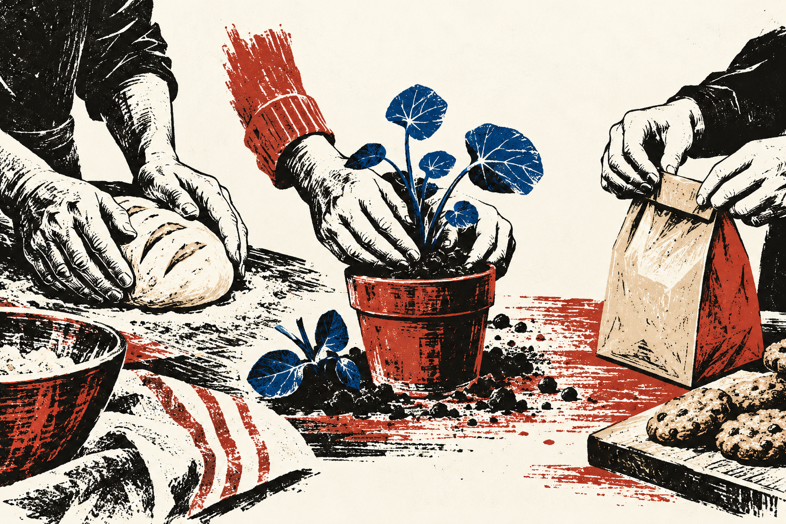 Illustration IA : trois gestes de métier, autour du pain, des plantes et des biscuits.
