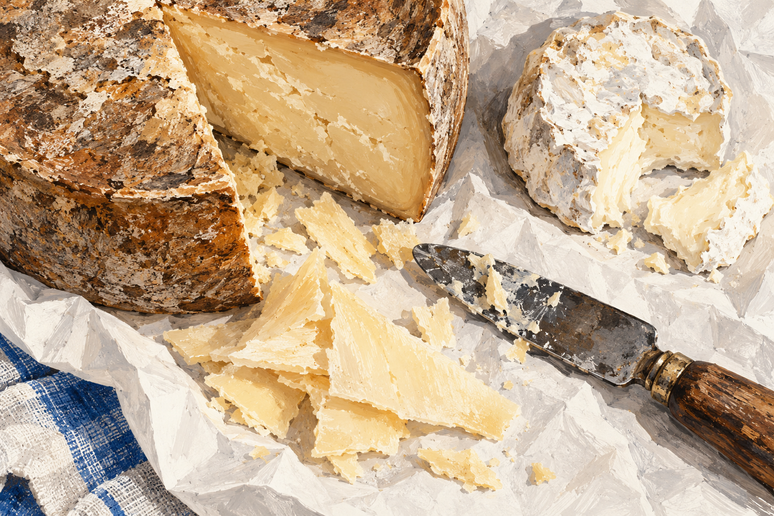 Illustration IA : nature morte de fromages, sans représentation des produits précis de La Fruitière.