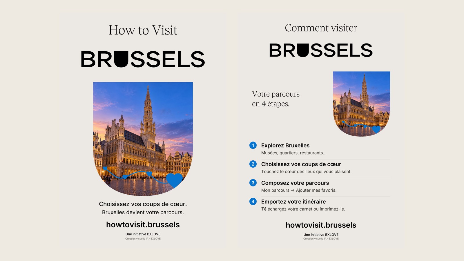 Les flyers « How to Visit BRUSSELS » et « Comment visiter BRUSSELS » : la Grand-Place illuminée dans un écusson, un cœur bleu et le parcours en 4 étapes