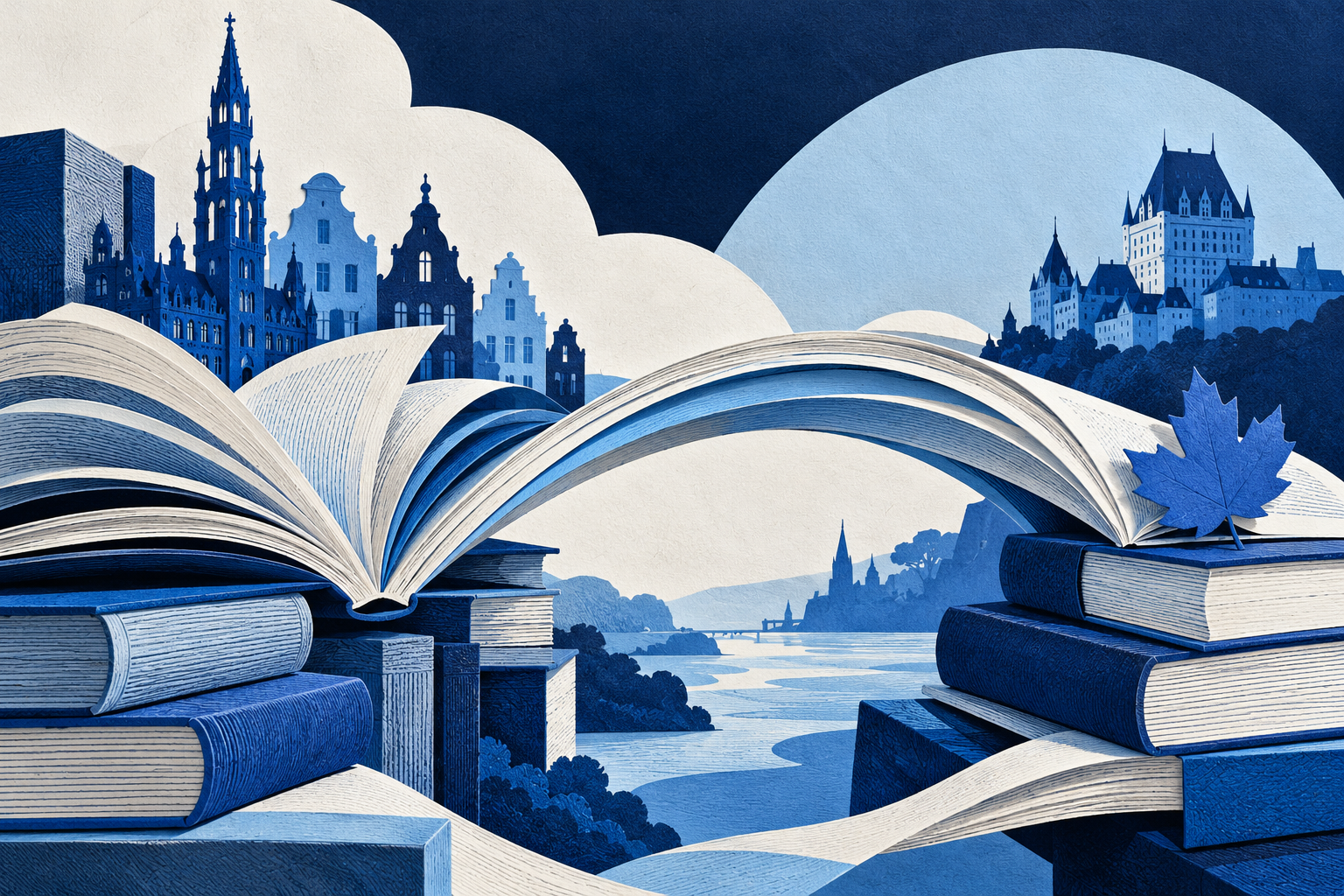 Illustration IA : des livres relient symboliquement Bruxelles et le Québec.